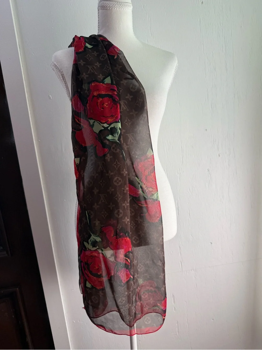 Louis Vuitton Brown Scarf with Red Rose Print